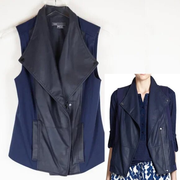 Vince Jackets & Blazers - Vince Vest Goat Leather Mixed Media Asymmetrical Outterwear Blue Size XXS